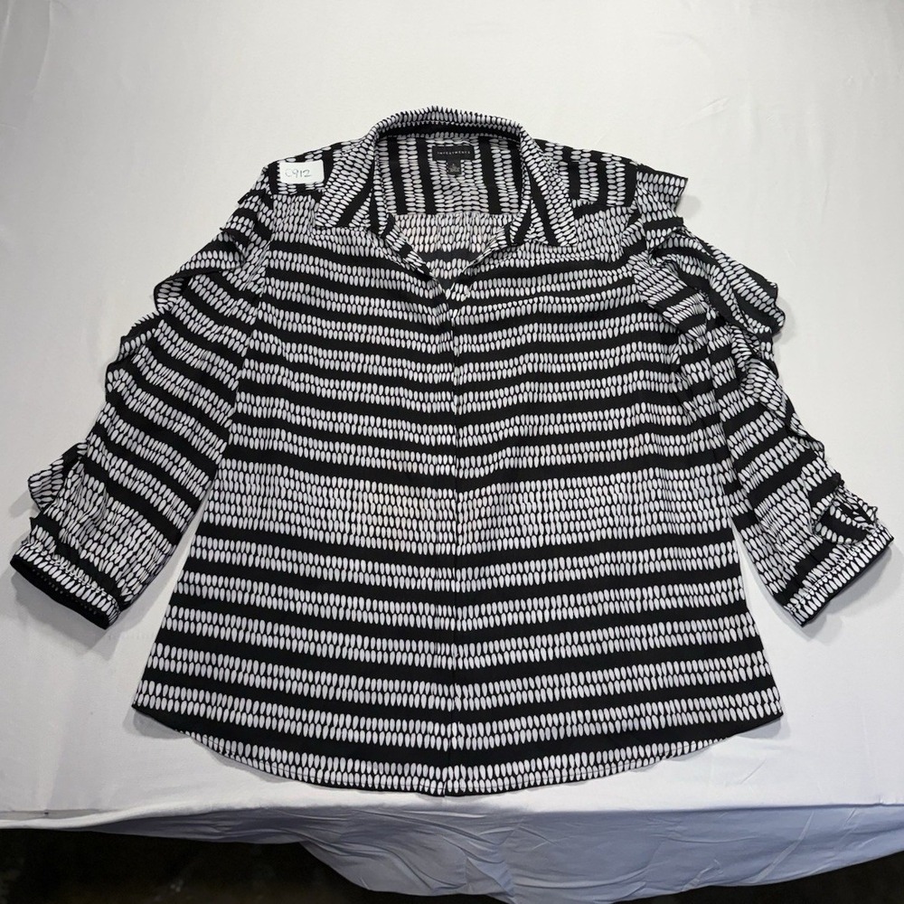 Investments Women's 3/4 Ruffle Sleeve Collared Woven Polyester Striped Blouse L